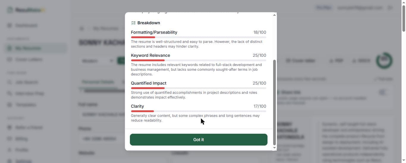 ResuMakeAi's real ATS score breakdown showing four separate categories: Formatting/Parseability, Keyword Relevance, Quantified Impact, and Clarity, each scored individually with a specific note.
